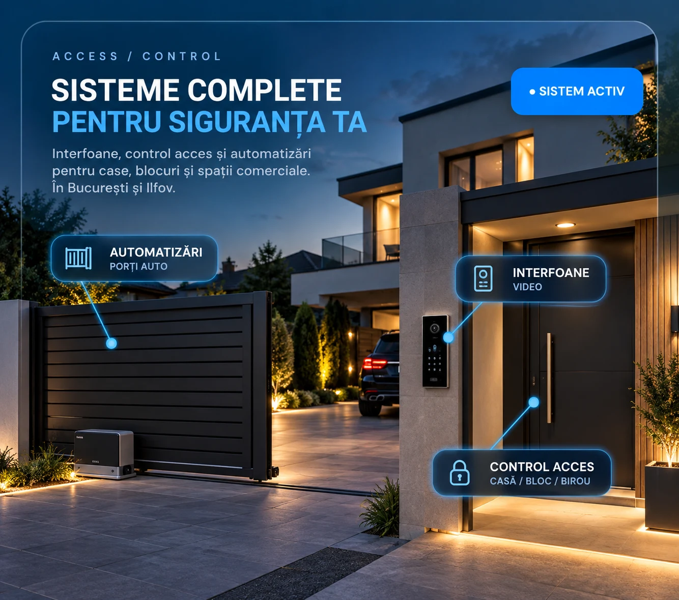Casă modernă cu poartă auto automatizată și videointerfon TECHROD